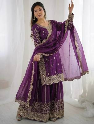 Wine color fendy silk embroidery work wedding wear salwar suit 2