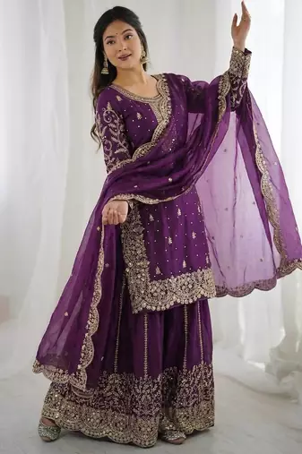 Wine color fendy silk embroidery work wedding wear salwar suit