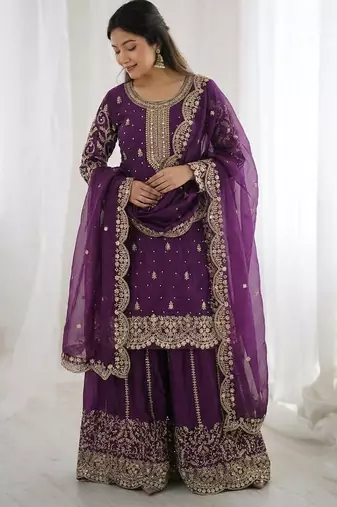 Wine color fendy silk embroidery work wedding wear salwar suit