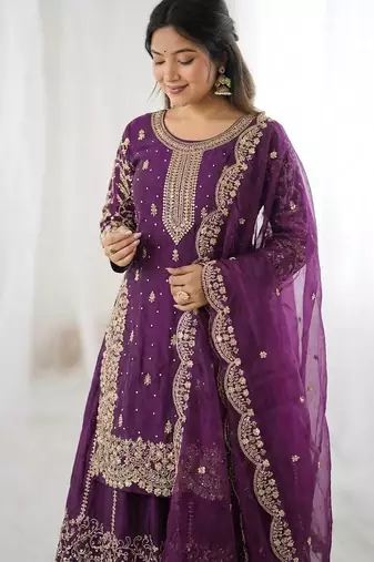 Wine color fendy silk embroidery work wedding wear salwar suit