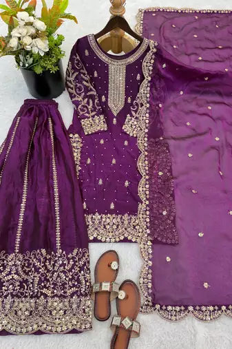 Wine color fendy silk embroidery work wedding wear salwar suit