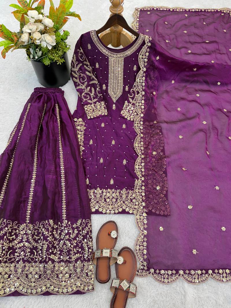 Wine color fendy silk embroidery work wedding wear salwar suit
