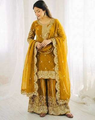 Yellow color fendy silk embroidery work wedding wear salwar suit 2
