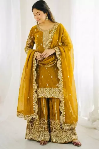 Yellow color fendy silk embroidery work wedding wear salwar suit