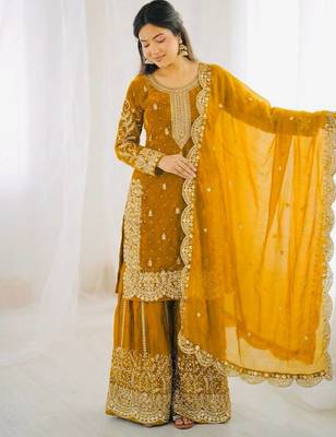 Yellow color fendy silk embroidery work wedding wear salwar suit 3