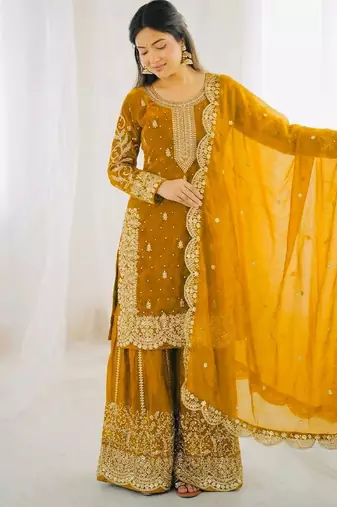 Yellow color fendy silk embroidery work wedding wear salwar suit
