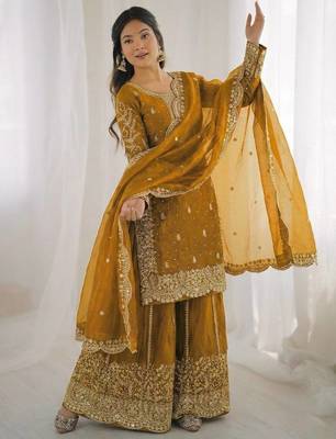 Yellow color fendy silk embroidery work wedding wear salwar suit 4