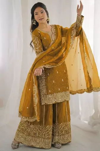 Yellow color fendy silk embroidery work wedding wear salwar suit