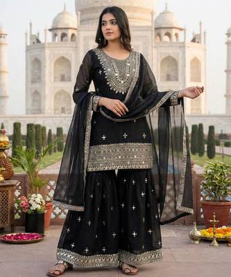 Black color gimmychu silk embroidery work wedding wear salwar suit 1