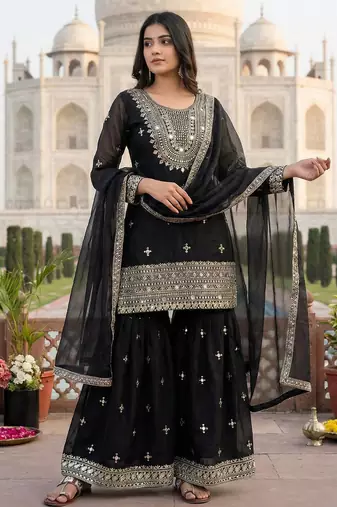 Black color gimmychu silk embroidery work wedding wear salwar suit