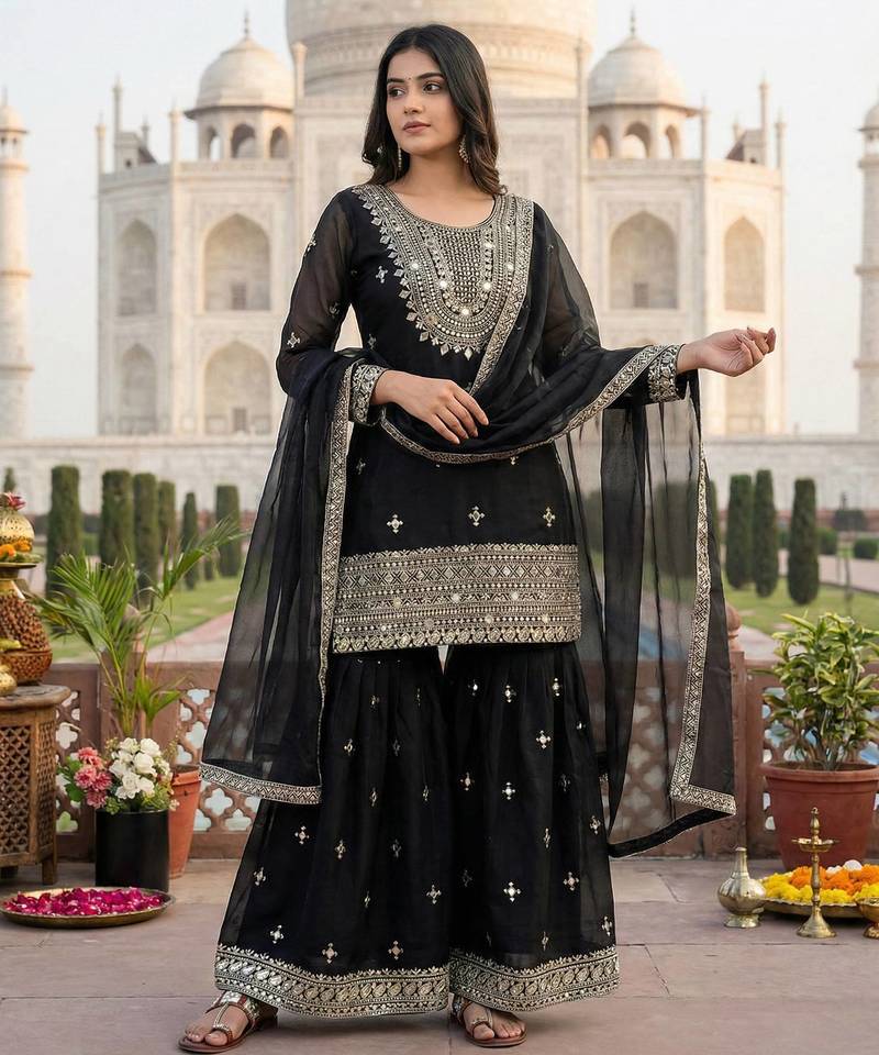 Black color gimmychu silk embroidery work wedding wear salwar suit