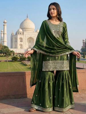 Green color gimmychu silk embroidery work wedding wear salwar suit 1