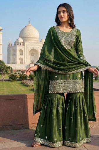 Green color gimmychu silk embroidery work wedding wear salwar suit