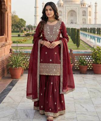 Maroon color gimmychu silk embroidery work wedding wear salwar suit 1
