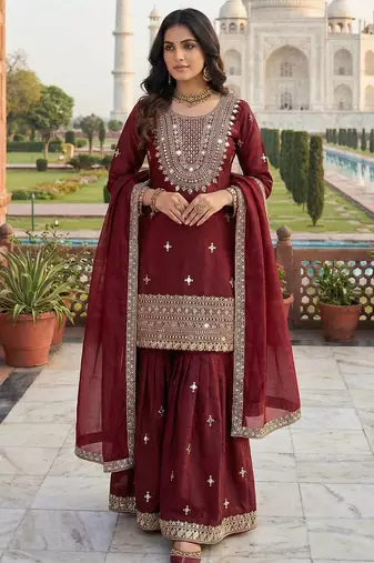 Maroon color gimmychu silk embroidery work wedding wear salwar suit