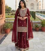 Maroon color gimmychu silk embroidery work wedding wear salwar suit