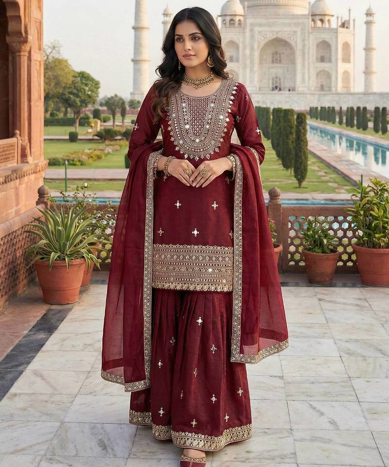 Maroon color gimmychu silk embroidery work wedding wear salwar suit
