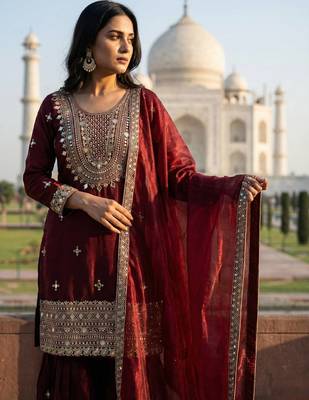 Maroon color gimmychu silk embroidery work wedding wear salwar suit 2