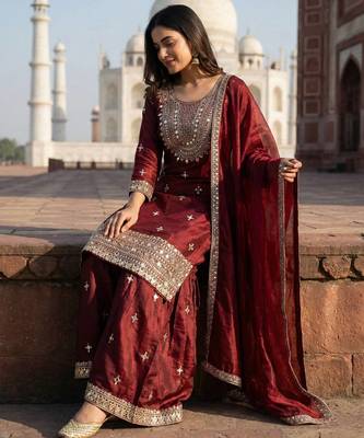 Maroon color gimmychu silk embroidery work wedding wear salwar suit 4