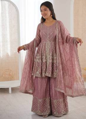 Onion color fendy silk embroidery work wedding wear salwar suit 1