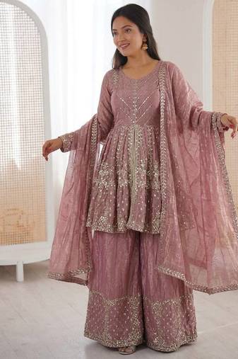 Onion color fendy silk embroidery work wedding wear salwar suit
