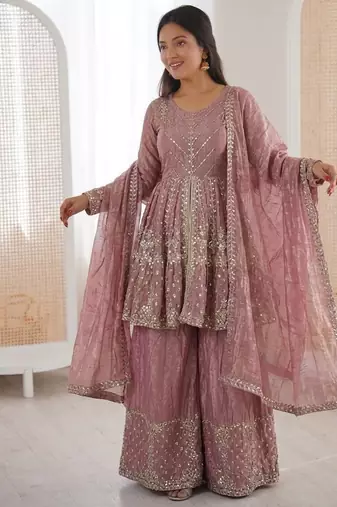 Onion color fendy silk embroidery work wedding wear salwar suit
