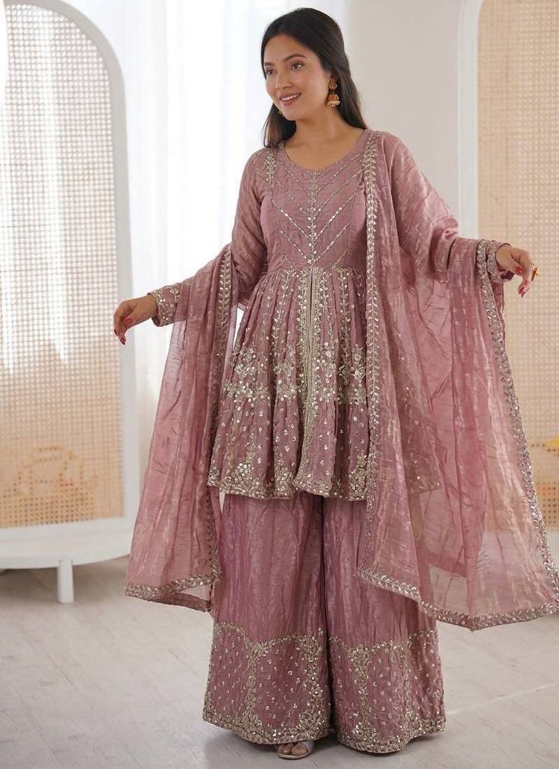 Onion color fendy silk embroidery work wedding wear salwar suit