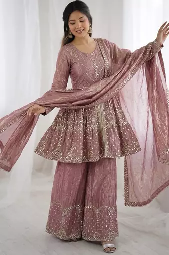 Onion color fendy silk embroidery work wedding wear salwar suit