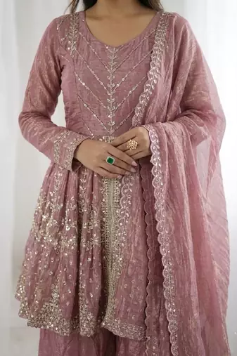 Onion color fendy silk embroidery work wedding wear salwar suit