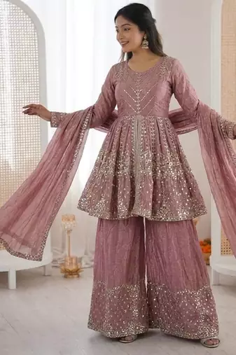 Onion color fendy silk embroidery work wedding wear salwar suit