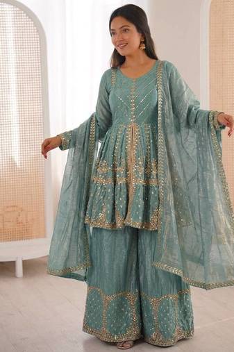 Teal color fendy silk embroidery work wedding wear salwar suit