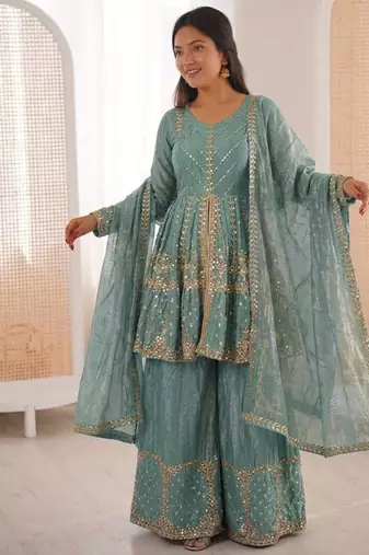 Teal color fendy silk embroidery work wedding wear salwar suit