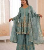 Teal color fendy silk embroidery work wedding wear salwar suit