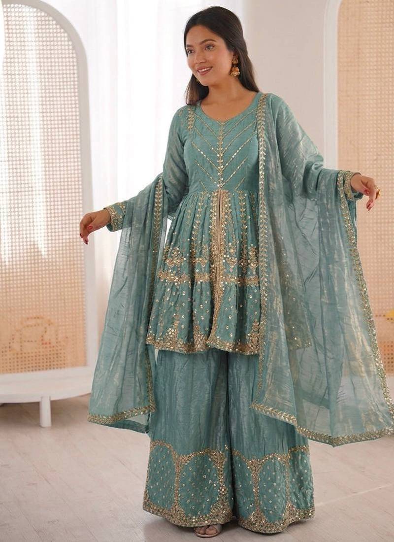 Teal color fendy silk embroidery work wedding wear salwar suit