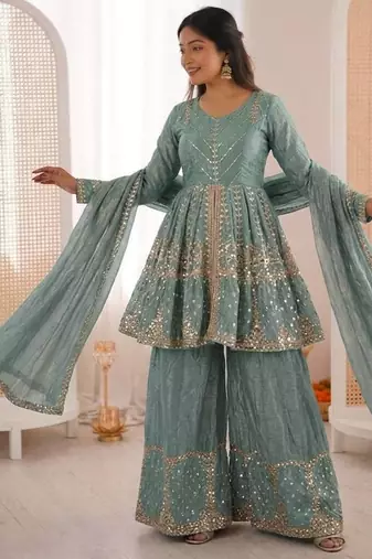 Teal color fendy silk embroidery work wedding wear salwar suit