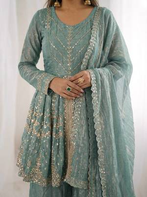 Teal color fendy silk embroidery work wedding wear salwar suit 3