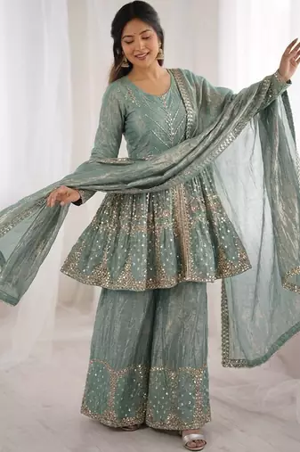 Teal color fendy silk embroidery work wedding wear salwar suit