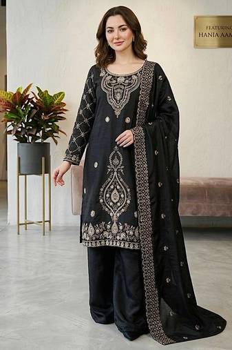 Black color gimmychu silk embroidery work wedding wear salwar suit