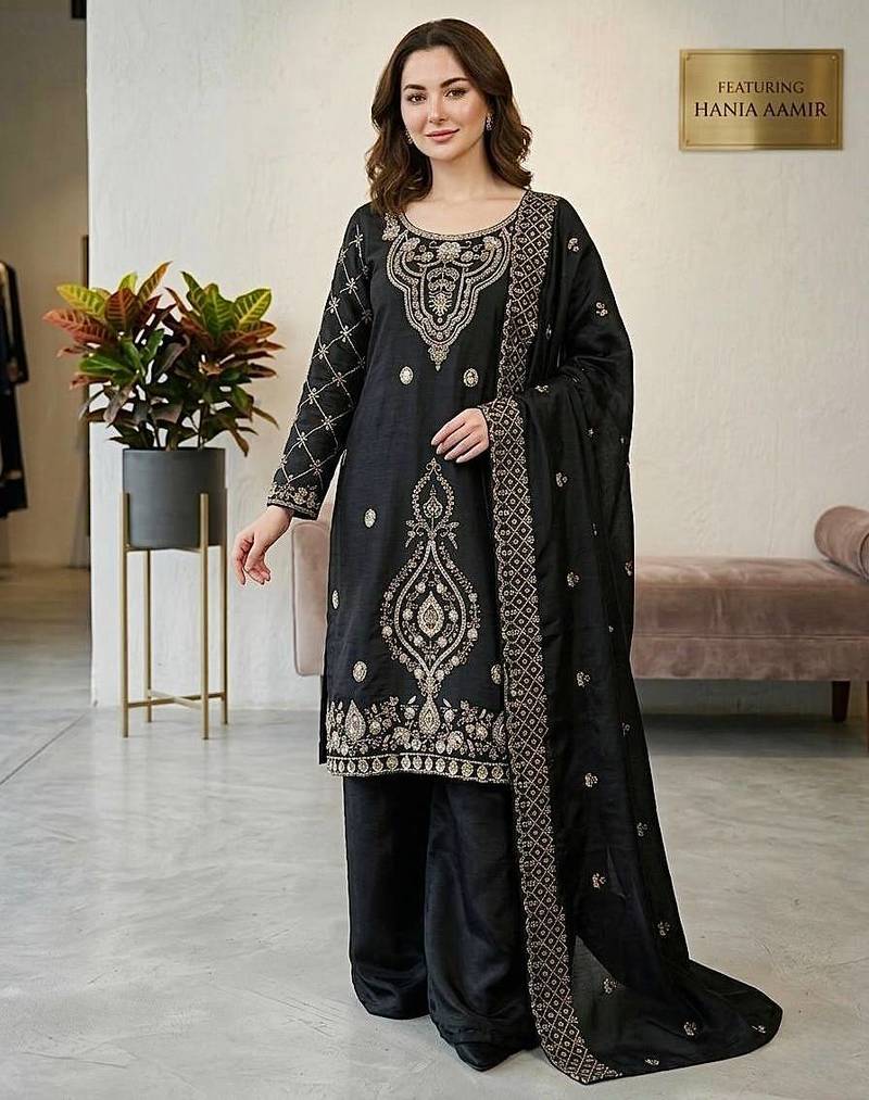 Black color gimmychu silk embroidery work wedding wear salwar suit