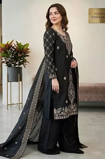Black color gimmychu silk embroidery work wedding wear salwar suit