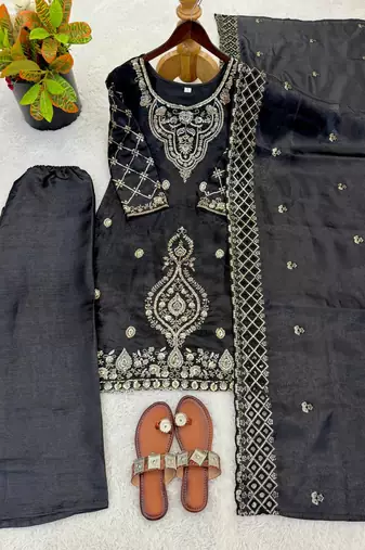 Black color gimmychu silk embroidery work wedding wear salwar suit
