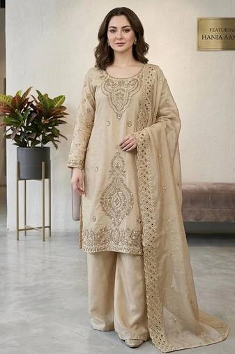 Cream color gimmychu silk embroidery work wedding wear salwar suit