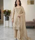 Cream color gimmychu silk embroidery work wedding wear salwar suit