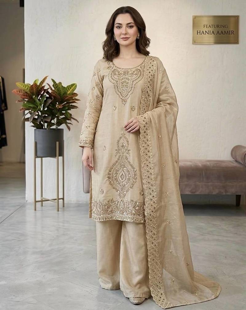 Cream color gimmychu silk embroidery work wedding wear salwar suit