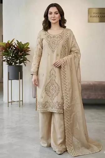 Cream color gimmychu silk embroidery work wedding wear salwar suit