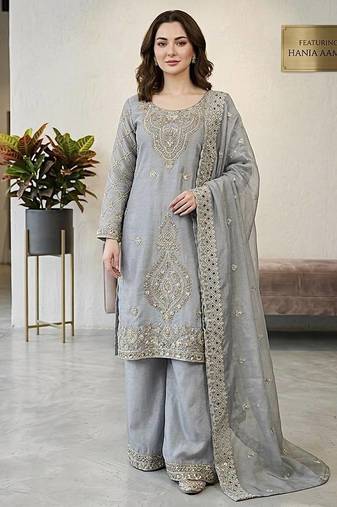 Grey color gimmychu silk embroidery work wedding wear salwar suit