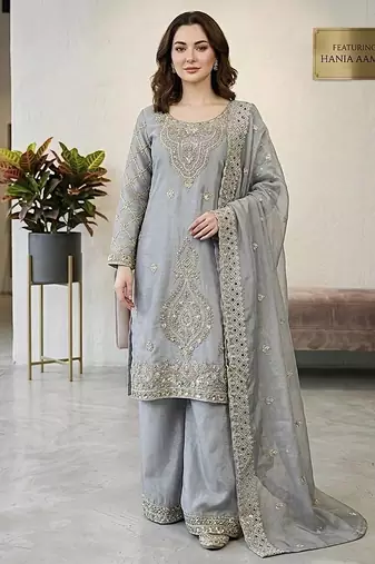 Grey color gimmychu silk embroidery work wedding wear salwar suit