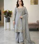 Grey color gimmychu silk embroidery work wedding wear salwar suit