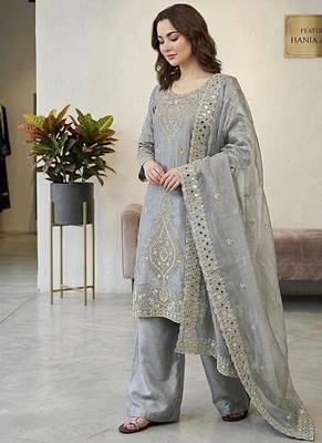 Grey color gimmychu silk embroidery work wedding wear salwar suit 3