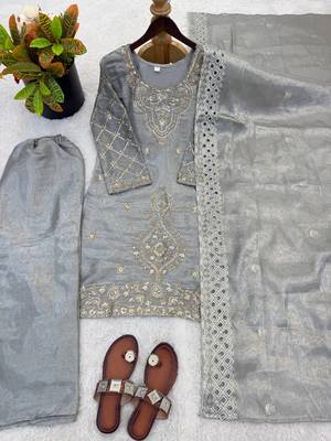 Grey color gimmychu silk embroidery work wedding wear salwar suit 4